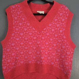 Freshman 1996 Mod Red and Pink Hearts and Flowers V-Neck Sweater Vest Medium